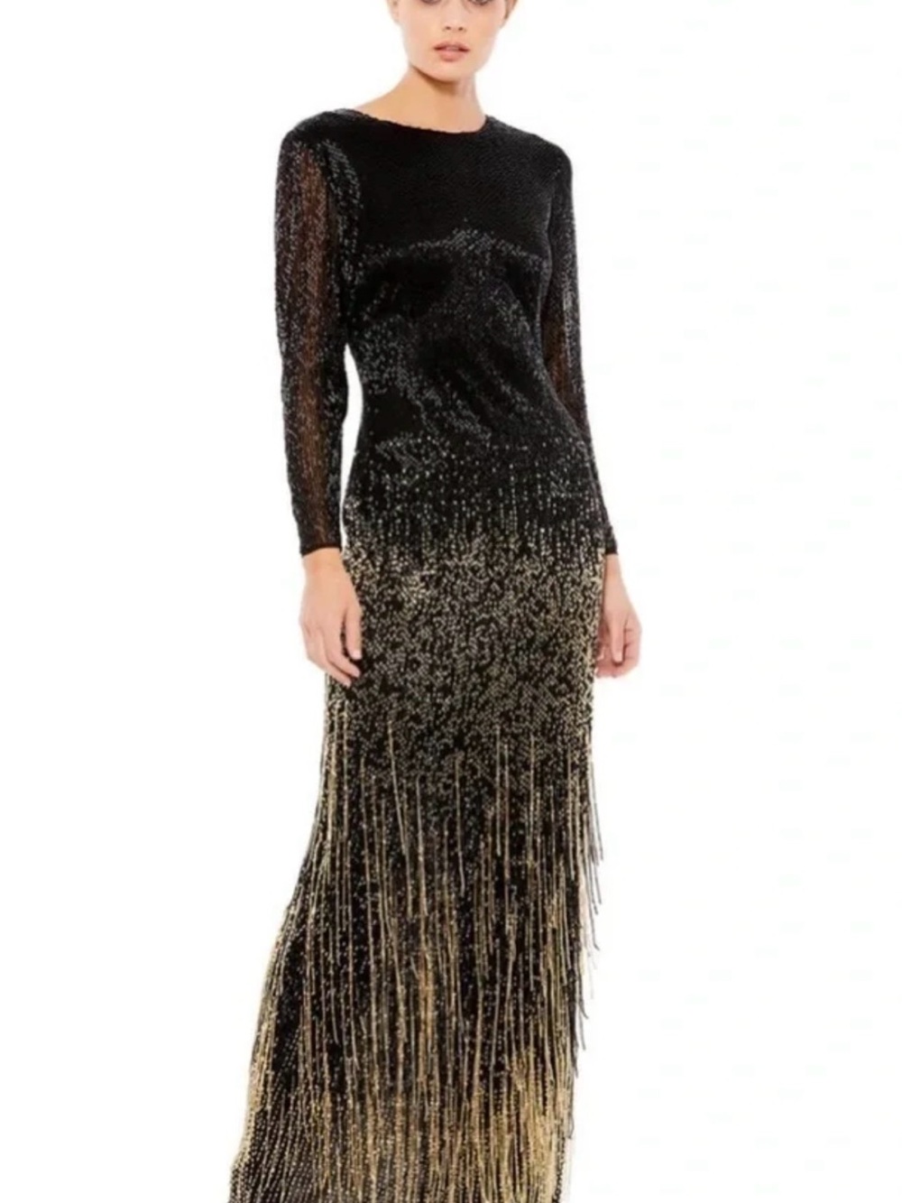 Mac Duggal Black and Gold Sequin Fringe Long Sleeve Evening Gown